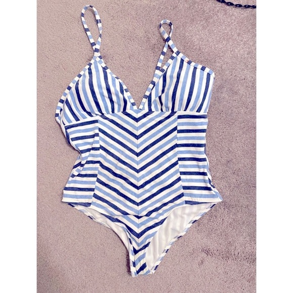 SPLENDID Blue/White Striped Open Back Swimsuit L - Picture 3 of 8